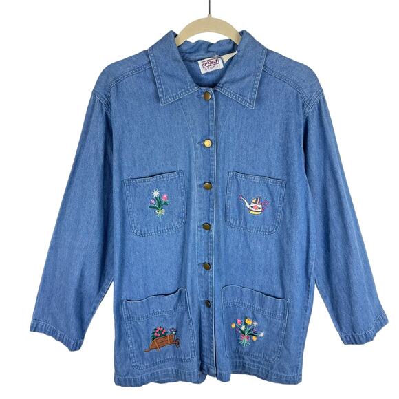 PBJ Sport Vtg Garden Floral Embroidered Collared Button Up Jean Chore Coat Sz XL - Picture 1 of 6